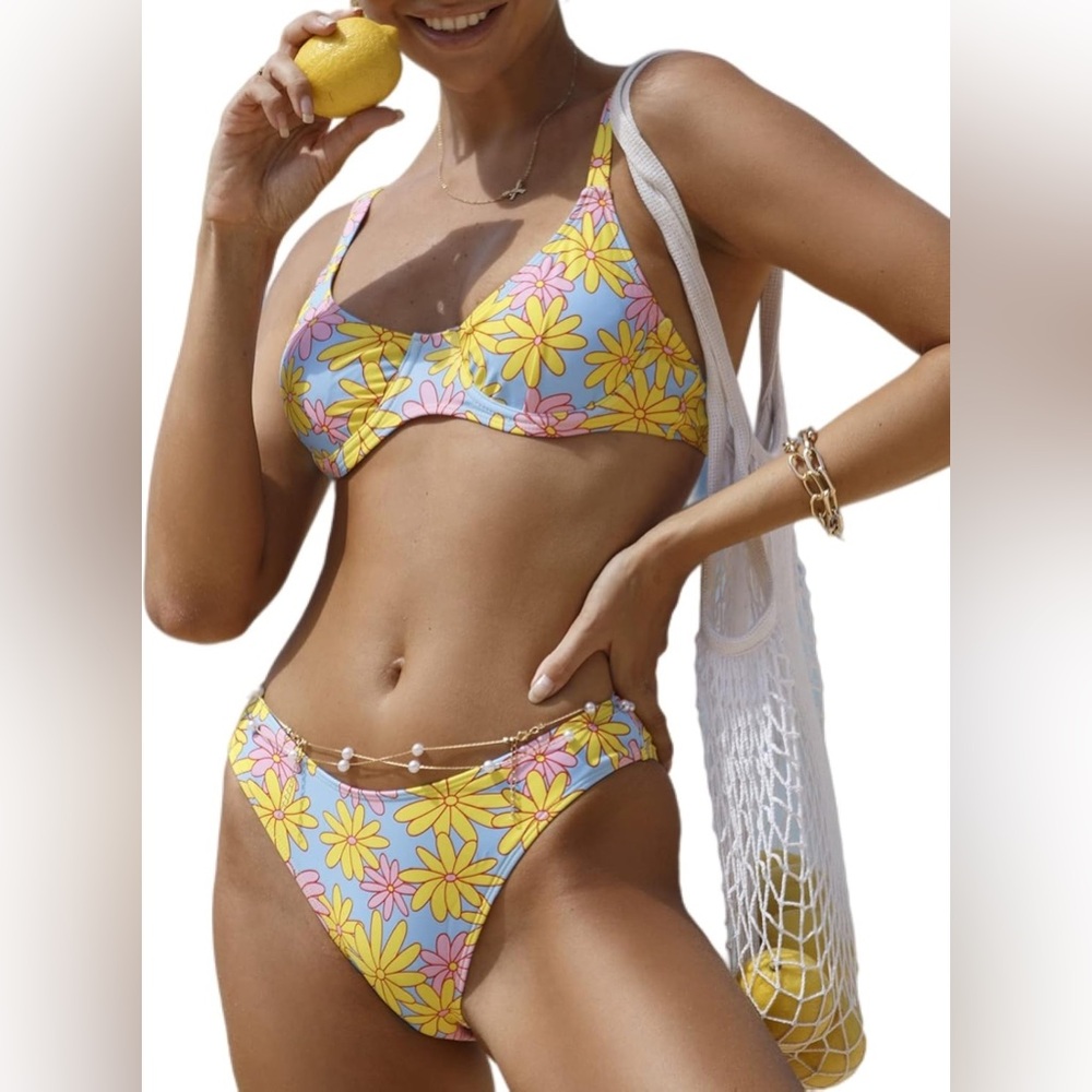 Floral Bikini Set with Yellow and Pink Flowers